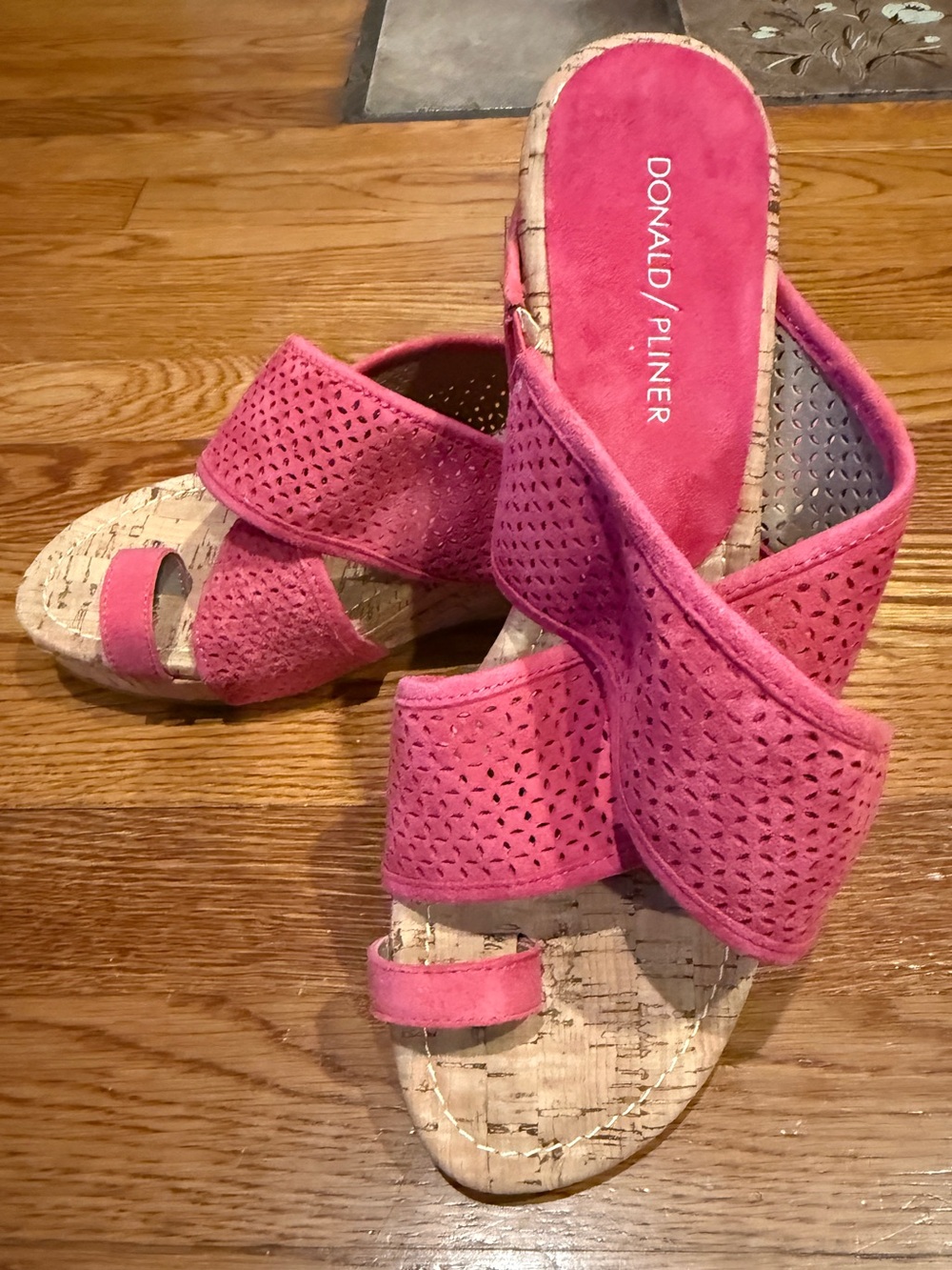 Donald Pliner Pink Perforated Suede Wedge Slip-On Sandals Cork Insole, Size 10